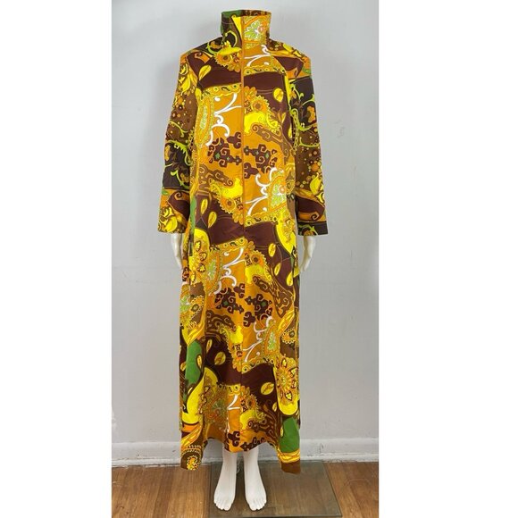 Vintage Floral Paisley Nightgown Size Medium 1960s Maxi Mock Neck Dressing Gown - Picture 2 of 8